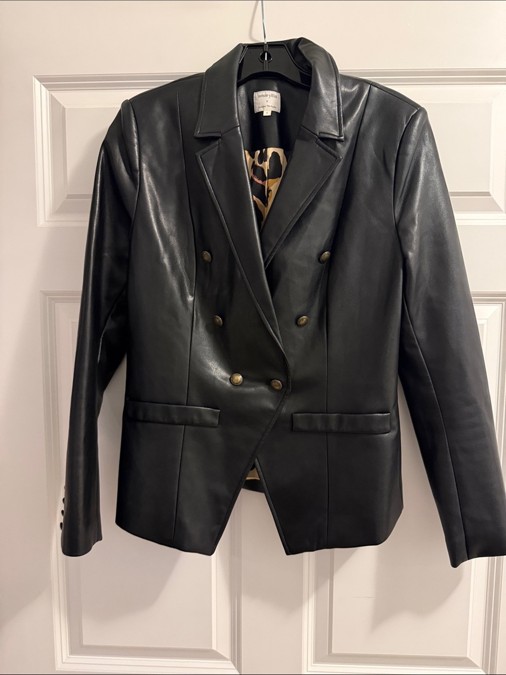 Amaryllis Black Double-Breasted Leather Blazer